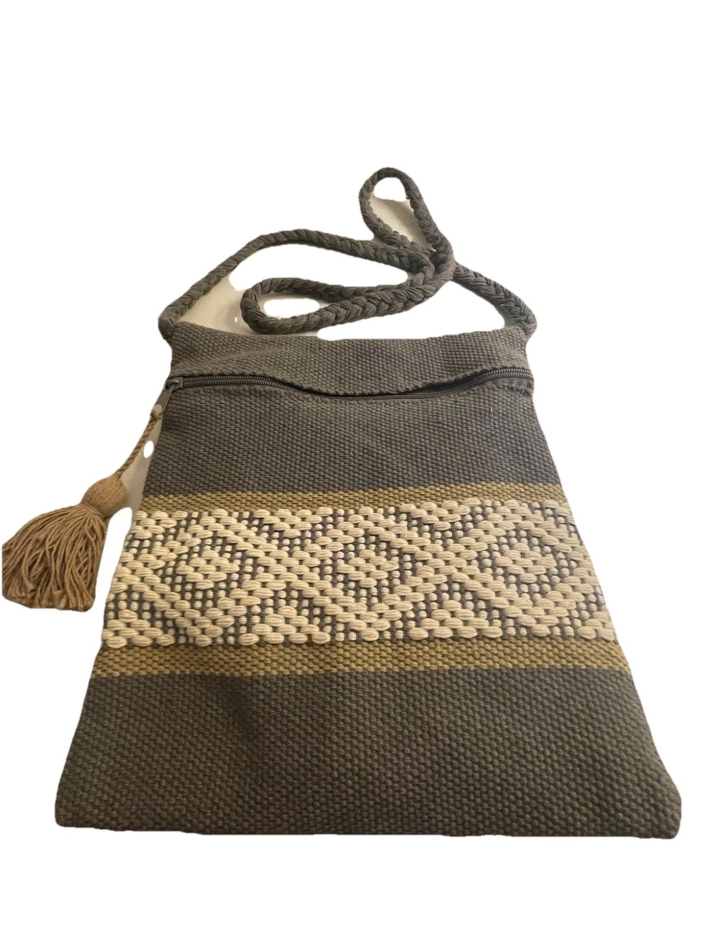 Source Unknown Olive Green and Cream Woven Crossbody with Tassel